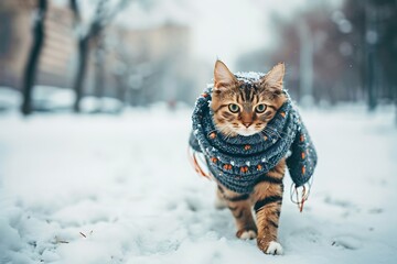 Cute cat walking outside in cold snowy winter city day with dressed Warmly clothes . Puppy in warm knitted coat.