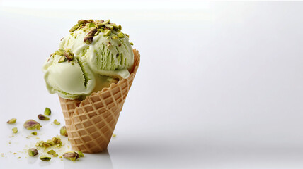 Sweet delicious pistachio ice cream with nuts in a waffle cone on a white background