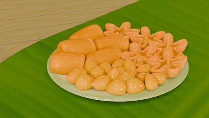 Pinched Gold Egg Yolk, Golden Drop, Golden Thread or Thong Yip, Thong Yod, and Foi Thong Traditional Thai desserts symbolizing wishes for wealth and prosperity 3d render and 3d illustration No AI.
