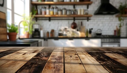 Empty Wood Table on Blur Kitchen Room Background, Product montage display, Table background of free space and blurred kitchen interior.