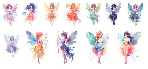 Set of watercolor Illustration Cute Fairy clip art, Transparent background, Cute beautiful little winged fairies. - obrazy, fototapety, plakaty