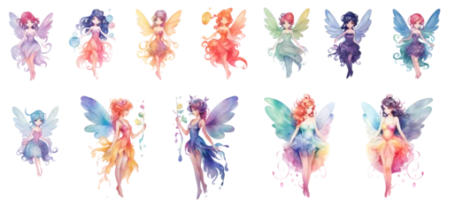 Tuinposter Set of watercolor Illustration Cute Fairy clip art, Transparent background, Cute beautiful little winged fairies. © E l i z a