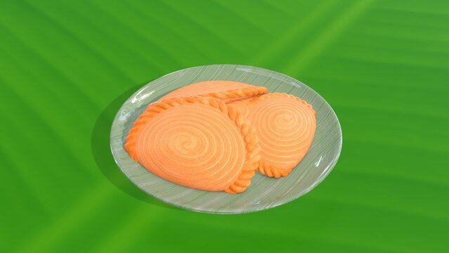 Curry Puff or khanom kahripub on a green plate and banana leaf background.Thai or Indian dessert 3d render and 3d illustration NO AI.