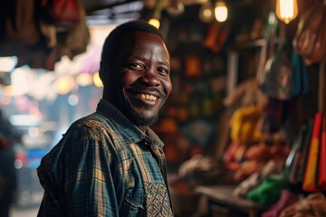 Obraz premium Portrait of happy african man seller who is standing on his workplace in market, 