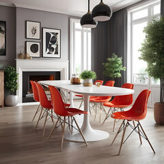 modern comfortable interior, Retro plastic chairs, clarity of details, high detailed, 8k,