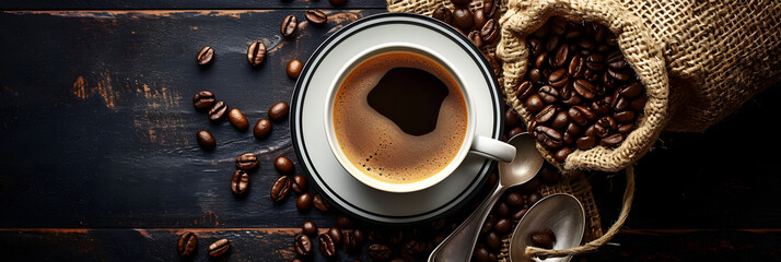 Top view of Cup of coffee and coffee beans in a sack on dark background. - obrazy, fototapety, plakaty