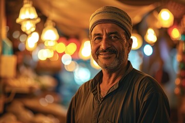 Fototapeta premium Portrait of happy arabic man seller who is standing on his workplace in market,