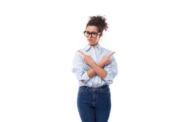pretty slim young brunette curly company employee woman crossed her arms
