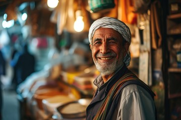Portrait of happy arabic man seller who is standing on his workplace in market,