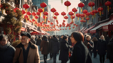 Chinese New Year celebration, red lanterns hanging above street, festive atmosphere