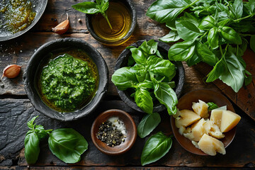 Pesto sauce with ingredients for cooking. - obrazy, fototapety, plakaty