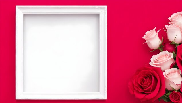 Empty white frame on red background with pink and red roses. Bouquet of roses and card.