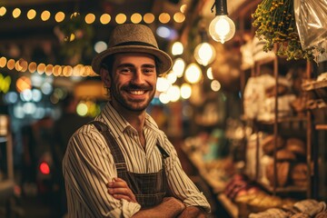 Obraz premium Portrait of happy european man seller who is standing on his workplace in market,