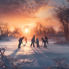 Group of children playing ice hockey on frozen lake in winter surrounded by trees and sunset in the background. - obrazy, fototapety, plakaty