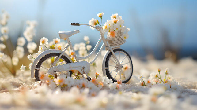 Vintage bicycle full of spring flowers in the basket standing on a meadow with grass growing through the melting snow. Concept of spring coming and winter leaving.