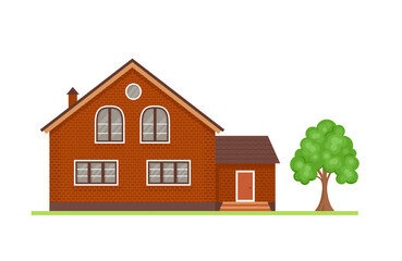 Red brick house isolated on white background. Vector beautiful cottage. Flat style.