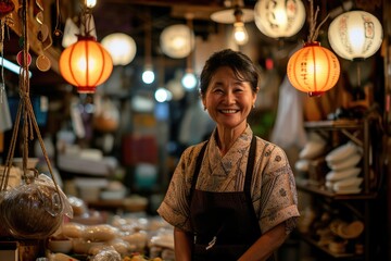 Portrait of happy japanese woman seller who is standing on his workplace in market,  - obrazy, fototapety, plakaty