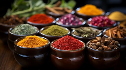 Aromatic spices and herbs close-up. AI generate illustration