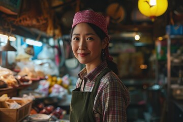Obraz premium Portrait of happy japanese woman seller who is standing on his workplace in market, 