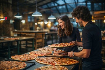 A couple working at a pizza restaurant