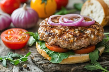 Delicious hamburger with lettuce, tomato and onions