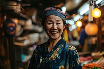 Obraz premium Portrait of happy japanese woman seller who is standing on his workplace in market, 