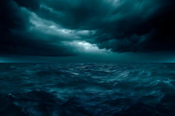 Generative Ai image of a horror black blue sky, sea haunted cloud, scary ocean, depression background, mystery gloomy dark theme, blur texture.