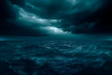 Poster Generative Ai image of a horror black blue sky, sea haunted cloud, scary ocean, depression background, mystery gloomy dark theme, blur texture. © JoseLuis
