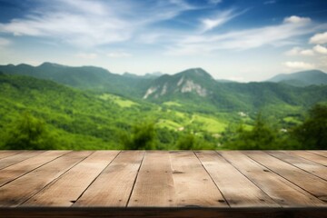 Wooden table with blurred green hills background. Generative AI