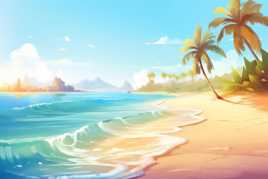 Tropical beach with palm trees and a clear blue sky. The sand is white and the water is turquoise. Generative AI.