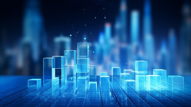 Fototapeta Glowing blue medical science background with blurred cityscape and transparent cubes