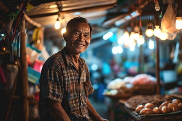 Obraz premium Portrait of happy man seller who is standing on his workplace in shop, 