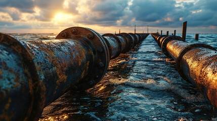 Oil pipeline, metal pipe on the sea floor