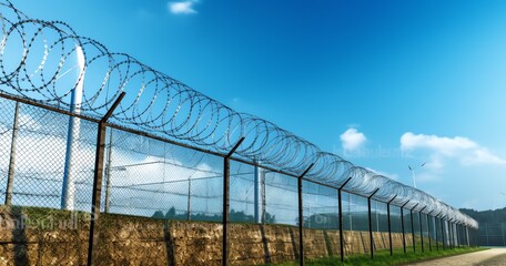 a barbed wire fence with grass and blue sky - Powered by Adobe