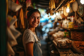 Obraz premium Portrait of happy woman seller who is standing on his workplace in shop, 