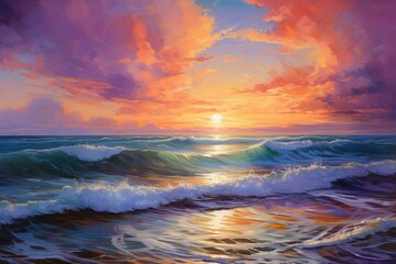A seascape painting capturing a vibrant sunset, crashing waves, cloudy sky, and a serene beach. Generative AI - obrazy, fototapety, plakaty