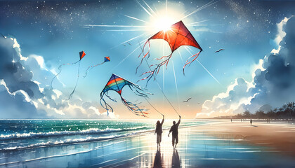 Illustration of people on the beach with flying kites.