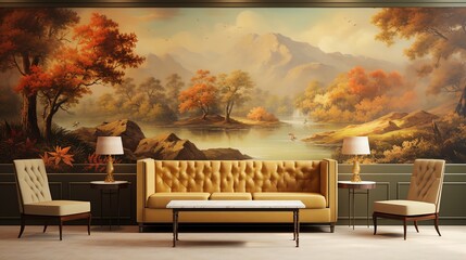 a couch and table in front of a painting