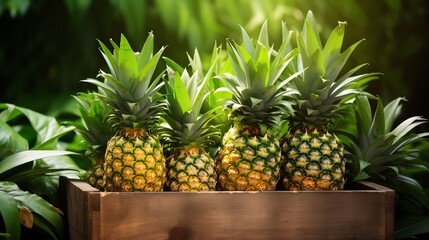 a group of pineapples in a wooden box - Powered by Adobe