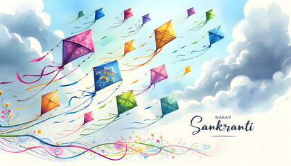 Watercolor illustration of a flying kites. - obrazy, fototapety, plakaty