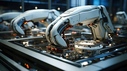 Fototapeta premium White robot arm on automated EV battery component production line