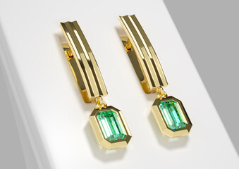 Gold earrings with green gemstone on jewelry stand. 3d illustration