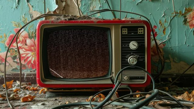 Vintage and retro television in an old ruined room with peeling floral wallpaper