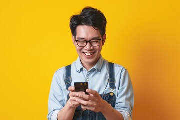 potrait a happy man using smartphone for mobile payment methods, market background