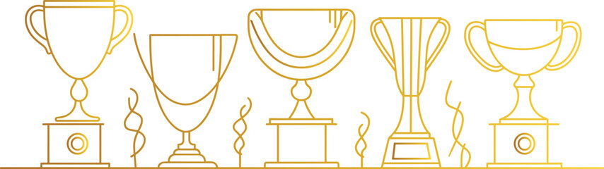 Gold trophy cup set, modern line art illustration vector, winner award, champion prize, achievement cup, victory symbol, first place cup, stylish trophy icon, sports competition,  winning concept, - obrazy, fototapety, plakaty