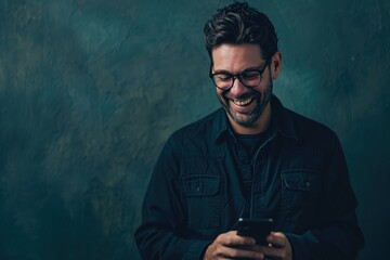 potrait a happy man using smartphone for mobile payment methods, market background