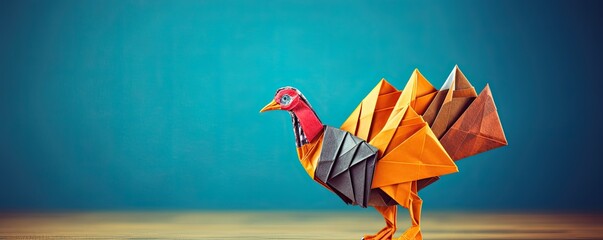 Colorful origami turkey isolated on blue background with copy space. Folded paper bird sculpture
