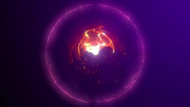 Abstract round purple sphere with red lava plasma core. glowing energy magic particle orb with moving shiny crystal. Abstract background. 4k 60 fps video loop.