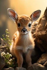 Close up of a baby deer in the autumn forest at sunset