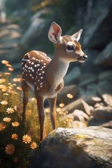 Close up of a baby deer in the autumn forest at sunset